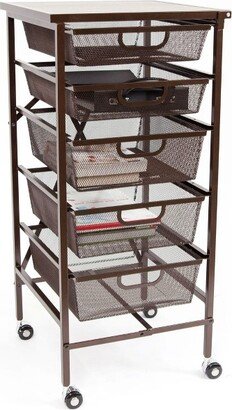 Origami Compact Folding Steel Mesh 5-Drawer Kitchen Office Storage Organizer Cart w/Faux Wood Top, 4 Swivel Wheels & Smart-Lock Functionality, Bronze