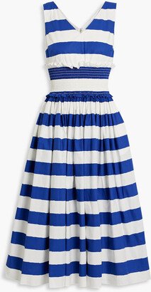 Gathered striped cotton-poplin midi dress