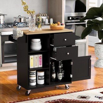 Calnod Store Kitchen Cart on 4 Wheels with 2 Drawers and 3 Open Shelves, Kitchen Island with Rubber Wood Top for Dinning Room