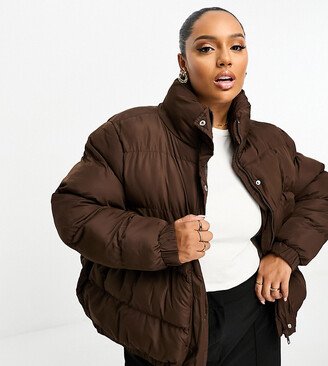 Brave Soul Plus slay puffer jacket in chocolate brown