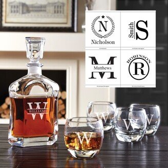 Whiskey Decanter Personalized With Name & Initial & Optional Round Rocks Glasses | Set Custom Barware Gifts For Men Groomsmen