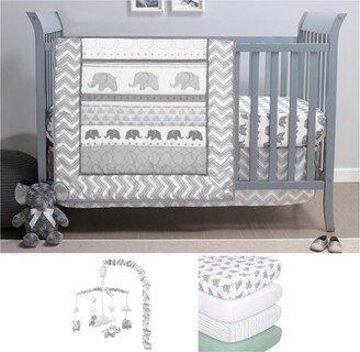 The Elephant Walk 8 Piece Baby Nursery Crib Bedding Set, Quilt, Crib Sheets, Crib Skirt, and Mobile - Grey/white