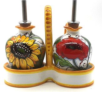 Italian Ceramic Olive Oil Vinigar Dispenser Bottles - Hand Painted Cruest Sunflower Design Made in Italy Tuscany Pottery