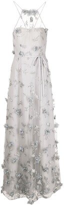 Floral-Embroidered Halterneck Gown