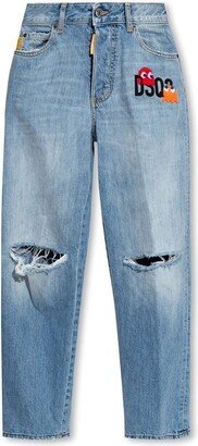 X Pac Man Straight-Leg Distressed Cropped Jeans