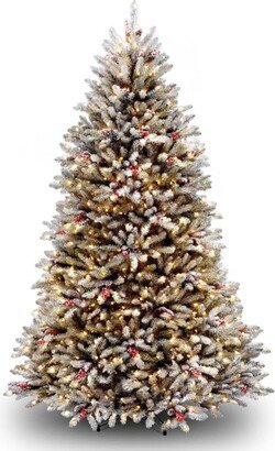 National Tree Company 7' Pre-Lit Dunhill Fir Hinged Full Artificial Christmas Tree with Snow, Red Berries, Cones with Clear Lights