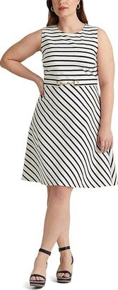 Plus Size Striped Belted Ponte Dress (Mascarpone Cream/French Navy) Women's Dress