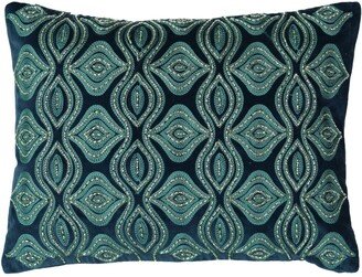 Mod Lifestyles Holiday Blue Collection Flor Beads Velvet Embroidery Pillow, 14 X 14