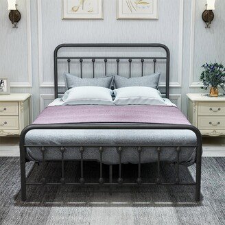 TOSWIN Black Metal Platform Bed Frame with Vintage Headboard and Footboard, Under-Bed Storage-AA