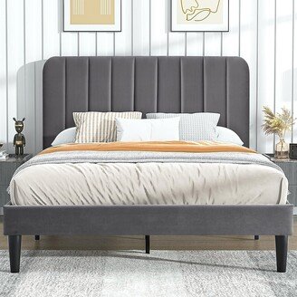 Javlergo Upholstered Platform Bed Frame with Height-adjustable Headboard, Sturdy Wooden Slats/Noise-free, Dark Grey