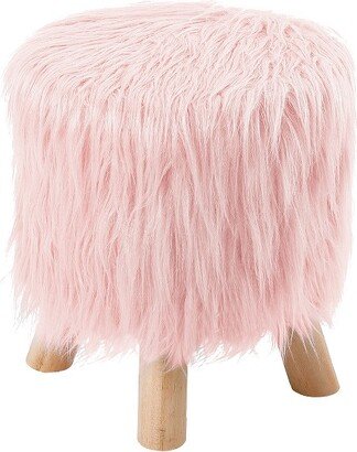 Faux Fur Foot Stool Ottoman with Wood Legs - Pink