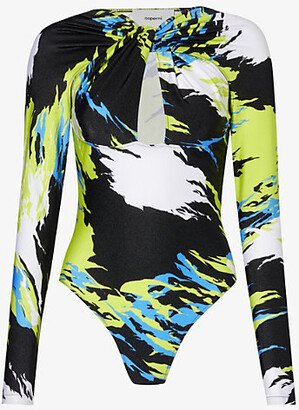 Womens Multicolour Abstract-pattern Long-sleeved Stretch-woven Bodysuit