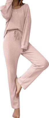 MFJESEAA Womens Two Piece Outfits Fall Women's Solid Home Wear Knit Top with Belted Long Pants Pajama Set Casual Pantsuits Pink