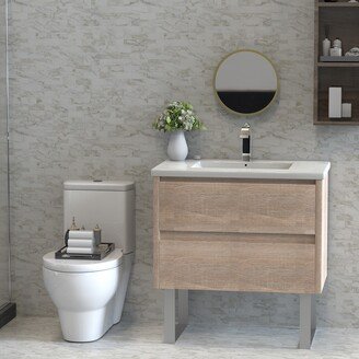 GEROJO 32 Wall-Mounted Bathroom Vanity with Ceramic Sink, Single Sink Bathroom Vanities Set, Imitative Oak & Silvery Leg