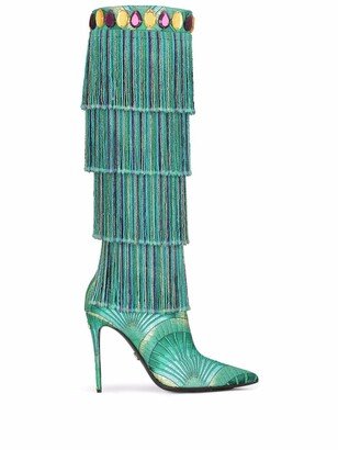 Metallic-Threading Fringed Knee-High Boots