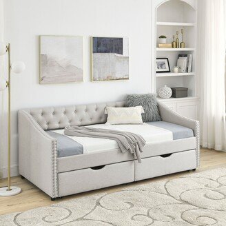 Upholstered Tufted Daybed with Drawers and Copper Nail on Waved Shape Arms