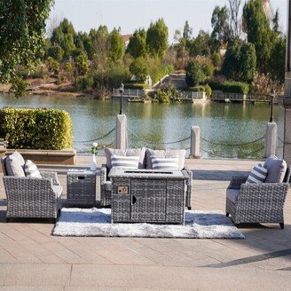 Braylee Loveseat Rattan Sofa Cushioned Set with Firepit Table