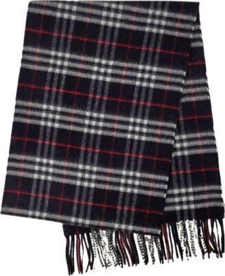 Navy Vintage Checker Cashmere Long Scarf with Fringe