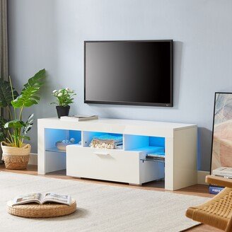 EDWINRAYLLC LED TV Stand Entertainment Center with Toughened Glass Shelf, White
