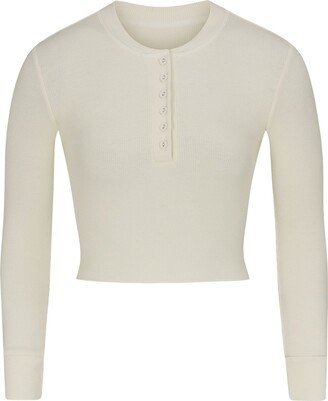 Cotton Rib Long Sleeve Crop Henley | Bone