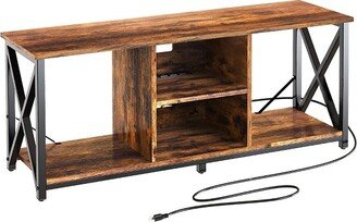 Fabato Wood 65 Inch TV Stand and Entertainment Center with 4 Socket Plug-In Station, 3-Height Adjustable Shelf, and Wire Threading Holes