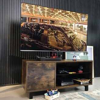 TOSWIN Rustic Brown TV Stand with Glass Shelves and Push-to-Open Storage Cabinet