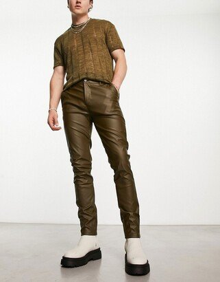 leather look skinny pants in khaki