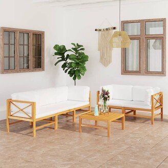 6 Piece Patio Lounge Set with Cream Cushions Solid Teak Wood - 25