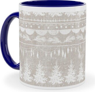 Mugs: Vintage Christmas Stripe Ceramic Mug, Blue, 11Oz, Gray