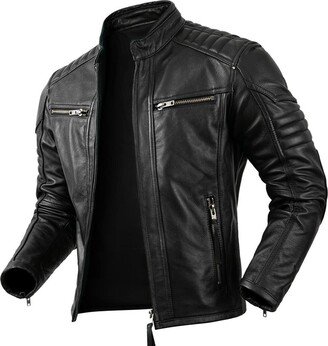 BONNETO Men's Leather Jacket - Stand Collar Quilted Shoulder Zipper Cuffs Slim Fit Biker Genuine Cowhide Leather Jacket For Men's. (US