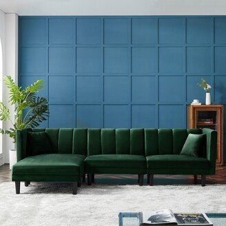 GEROJO Modern Design Reversible Sectional Sofa Sleeper with 2 Pillows Dark Green Velvet, Detachable Armrests