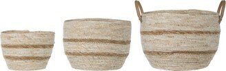 Storied Home Round Maize Baskets with Leather Handle, Beige and Brown, Set of 3