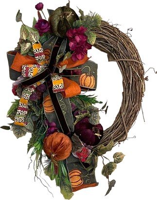 Fall Pumpkins & Flowers Wreath For Front Door, Harvest Door Decor, Floral Fall