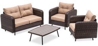 4 Piece Outdoor Patio Set with Table, Brown Wicker Furniture, Conversation Set with Cushions and Coffee Table, 9541