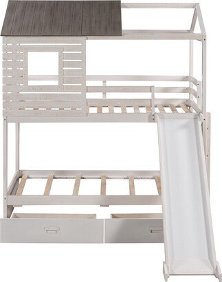 IGEMAN Antique White Wood Twin Over Twin Bunk House Bed with 2 Drawers / Slide / Ladder / Window, 78.7''L*84.8''W*93.5''H, 195.85LBS