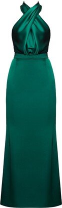 Undress Aliur Deep Green Satin X Neckline Evening Maxi Dress