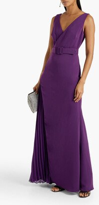 Wrap-effect plissé-paneled crepe gown