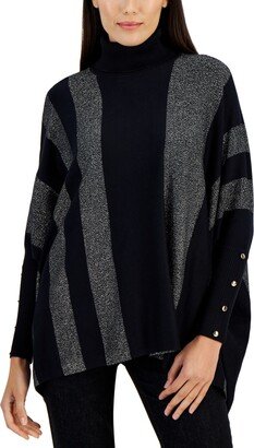 Petite Striped Lurex Turtleneck Poncho Sweater, Created for Macy's