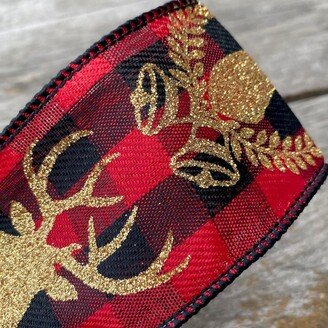 Gold Deer And Bells On Red And Black Checks Wired Ribbon
