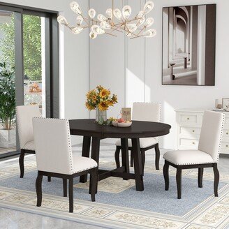 Toswin 5-Piece Dining Table Set, Wooden Round Retractable Table and 4 Cushioned Chairs, Stable and Solid Structure