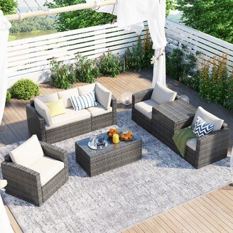 RASOO 7-Piece PE Rattan Sofa Set with Glass Table and Storage