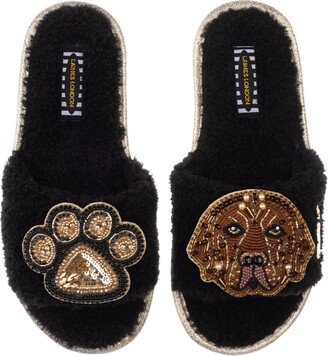 Laines London Teddy Towelling Slipper Sliders With Rocco & Paw Brooch - Black