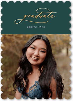 Graduation Announcements: Smooth Longhand Graduation Announcement, Green, 5X7, Pearl Shimmer Cardstock, Scallop