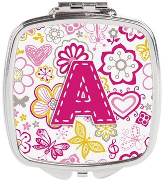 CJ2005-ASCM Letter a Flowers & Butterflies Pink Compact Mirror