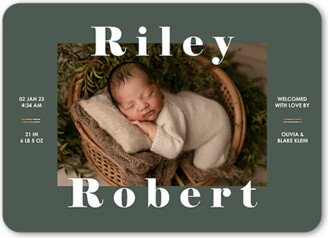 Birth Announcements: Big Proud Name Birth Announcement, Green, 5X7, Matte, Signature Smooth Cardstock, Rounded