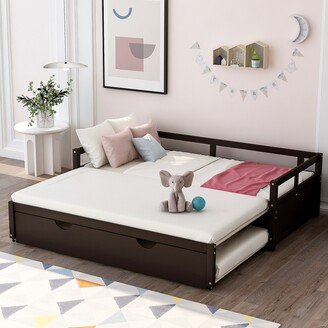 GREATPLANINC Extendable Daybed with Trundle, Wooden Platform Sofa Bed Frame, Twin to King Size Extend Bed Furniture for Bedroom Living Room