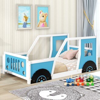 EDWINRAY Sturdy Pine Wood Twin Size Platform Bed with Creative Car Design for Children, No Spring Box Needed, Blue