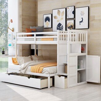 TOSWIN Contemporary Space-saver Twin over Full/Twin Bunk Bed, Convertible Bottom Bed, Storage Shelves and Drawers, White