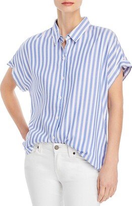 Womens Striped Cuff Sleeve Button-Down Top