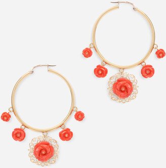 Coral loop earrings in yellow 18kt gold with coral roses